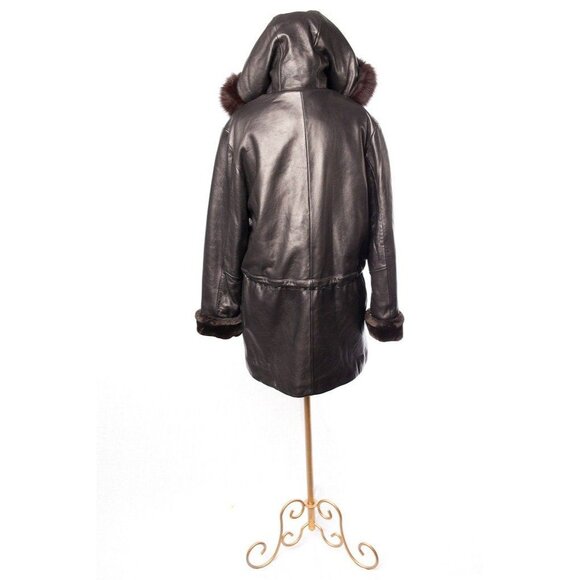 Women’s MARC NEW YORK Andrew Marc Leather Coat Hood Black Faux Fur M - Picture 2 of 10